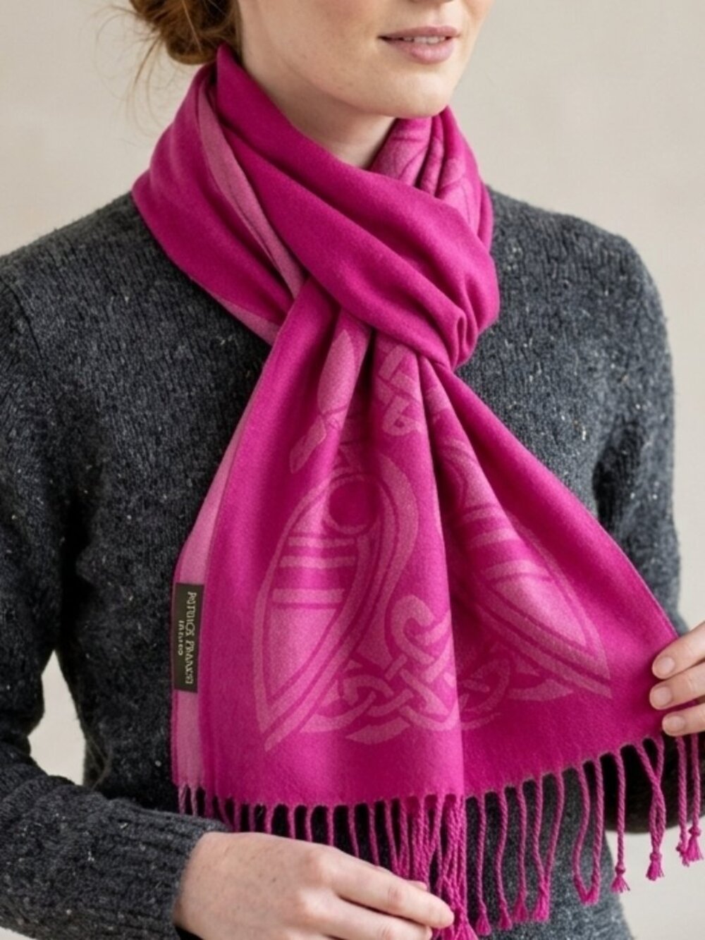 Patrick Francis Celtic Wool Scarf Magenta Pink Motif Fringe